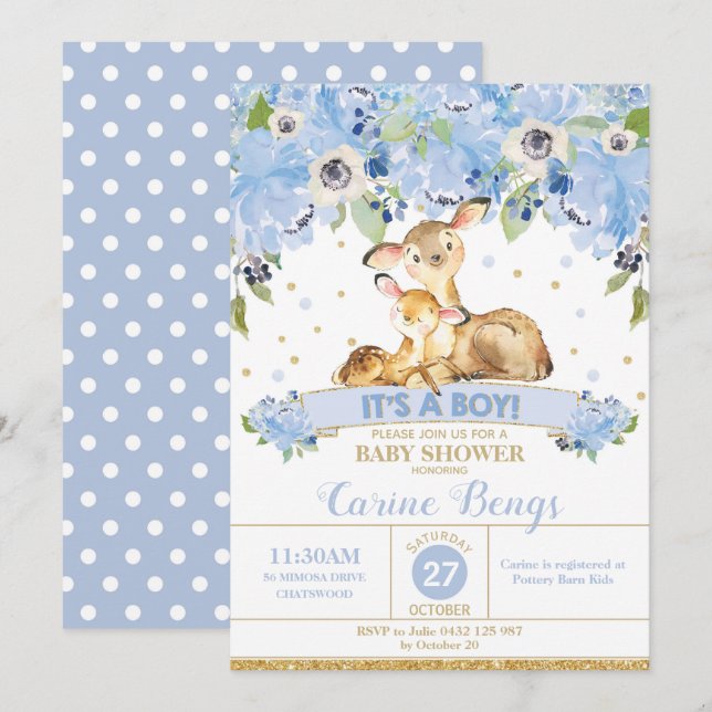 Deer Floral Baby Shower Invitation Boy (Front/Back)