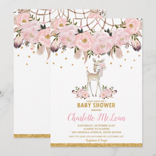 Deer Floral Dream Catcher Baby Shower Boho Girl Invitation (Front/Back)