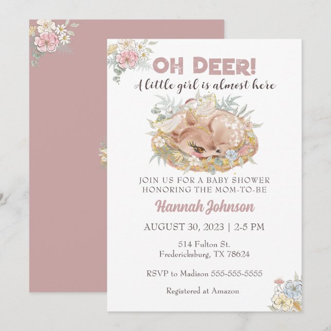 Deer Floral Fall Baby Girl Baby Shower  Invitation (Front/Back)