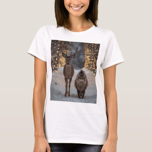 Deer & Fluffy Cat in a Snowy Christmas Forest  T-Shirt (Front)