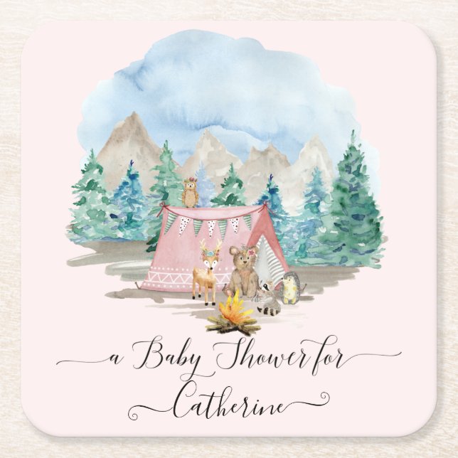 Deer Forest Animals Bear Rustic Pink Baby Shower Square Paper Coaster (Front)