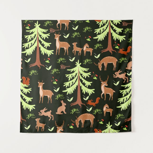 Deer Forest: Vintage Scenic Pattern. Tapestry (Front)