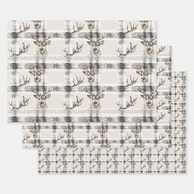 Deer Forest Winter Christmas Tartan Plaid 1 Wrapping Paper Sheet (Set)