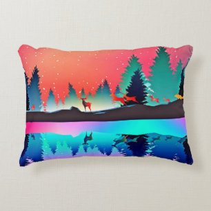 Deer forest woodland mountain aurora borealis decorative cushion