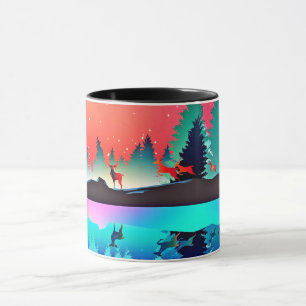 Deer forest woodland mountain aurora borealis  mug