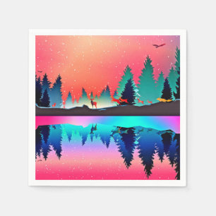 Deer forest woodland mountain aurora borealis  napkin