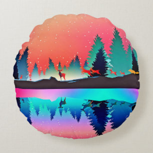 Deer forest woodland mountain aurora borealis round cushion