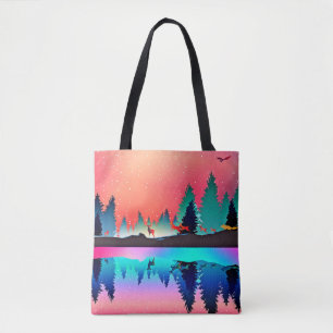 Deer forest woodland mountain aurora colourful  tote bag