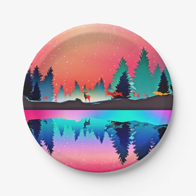 Deer forest woodland mountain aurora paper plate (Front)