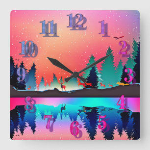 Deer forest woodland mountain aurora square wall clock