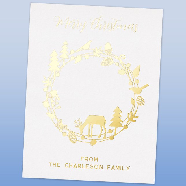 Deer Forest Wreath Holiday Real Foil Postcard (Deer in the forest Scandinavian style wreath personalized Christmas foil postcard)