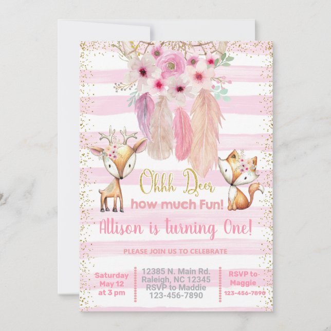 Deer, fox, dream catcher girl birthday invitation. invitation (Front)