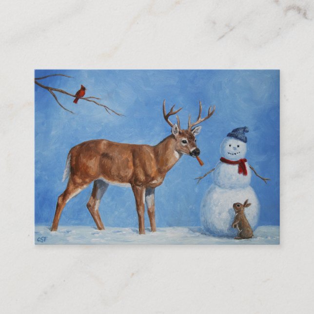 Deer & Funny Snowman Christmas Business Card (Front)