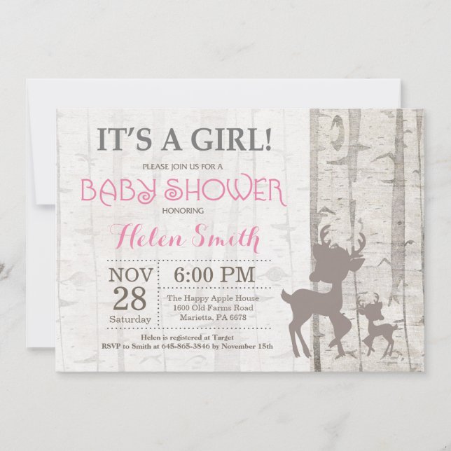 Deer Girl Baby Shower Invitation Rustic Woodland (Front)