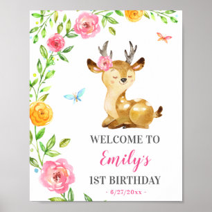 Deer Girl First Birthday Colourful Animal Welcome Poster