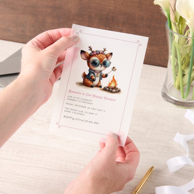 Deer Girl “One Happy Camper” 1st Birthday Party Vellum Invitations (Handheld)