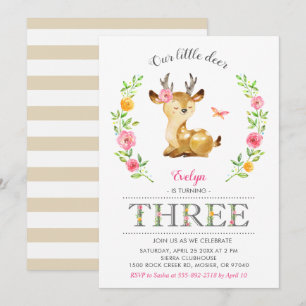 Deer Girl Woodland Floral Kids 3rd Third Birthday Invitation