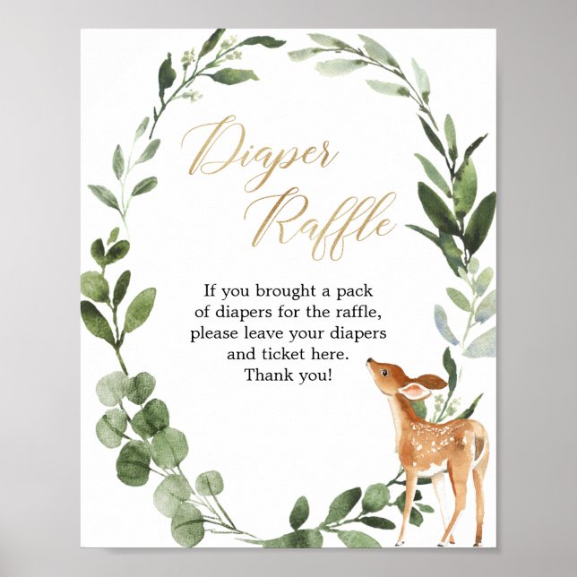 Deer greenery gold baby shower diaper raffle sign (Front)