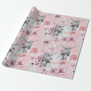Deer grey pink peonies floral wrapping paper
