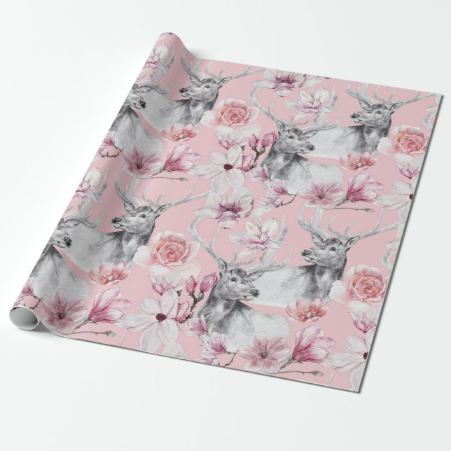 Deer grey pink peonies floral wrapping paper (Unrolled)