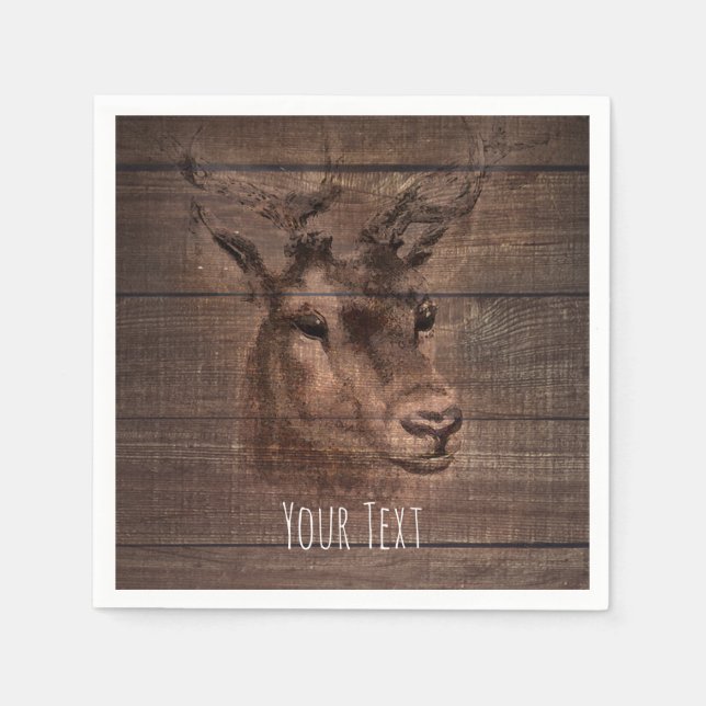Deer Head & Dark Rustic Wood Wedding Party Napkin (Front)