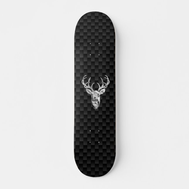 Deer Head on Carbon Fiber Style Print Skateboard (Front)