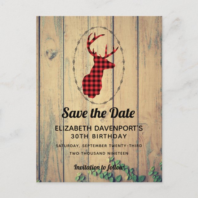 Deer head - Red Plaid Rustic Save the Date Postcard (Front)