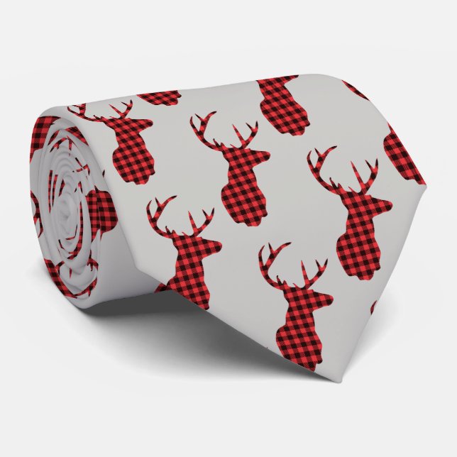 Deer Head - Rustic Red Plaid Pattern Tie (Rolled)