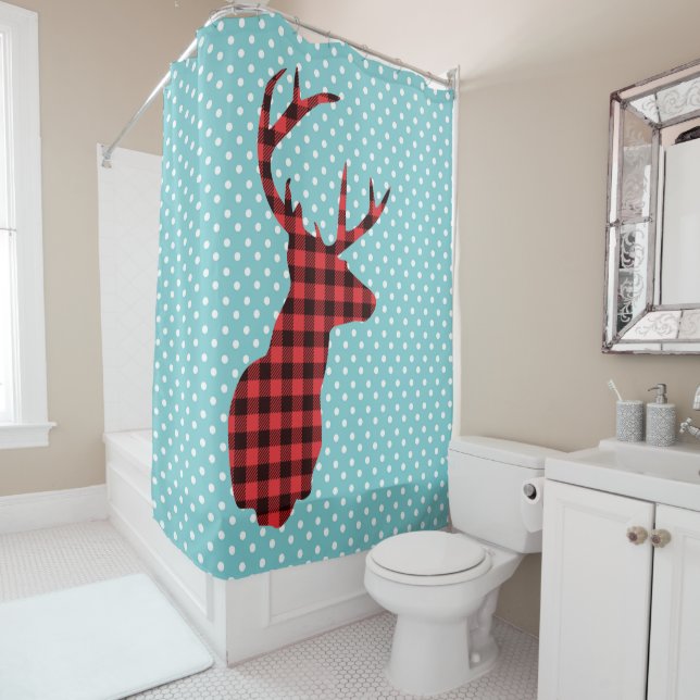 Deer Head - Rustic Red Plaid Shower Curtain (In Situ)