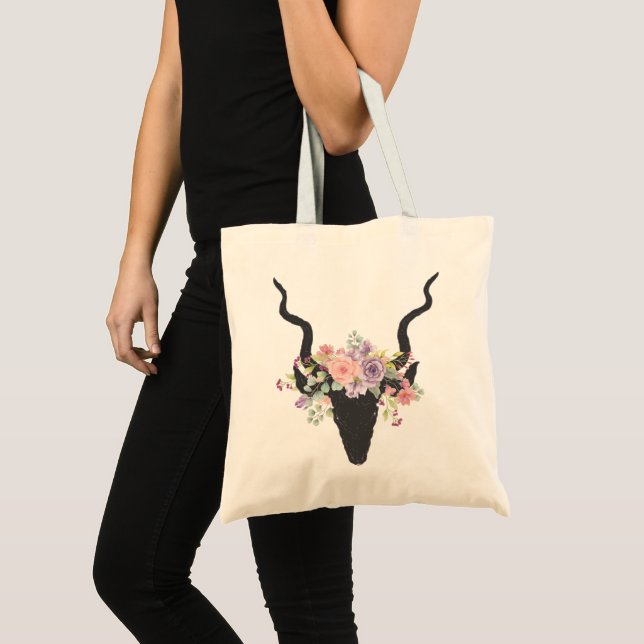 Deer head silhouette decorated with roses tote bag (Front (Product))