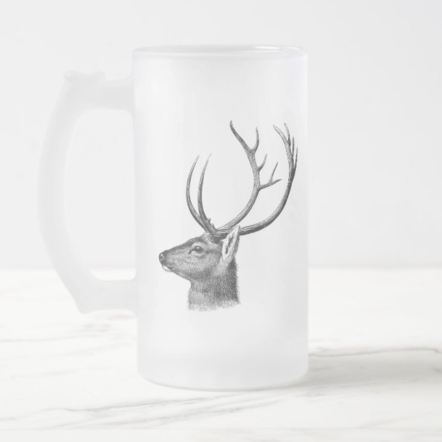 Deer Head Silhouette Frosted Glass Beer Mug (Left)