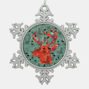 Deer head silhouette mosaic snowflake pewter christmas ornament