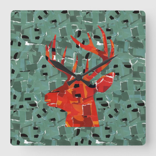 Deer head silhouette mosaic square wall clock (Front)