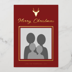 Deer Head Silhouette With Custom Photo On Red Foil Holiday Card