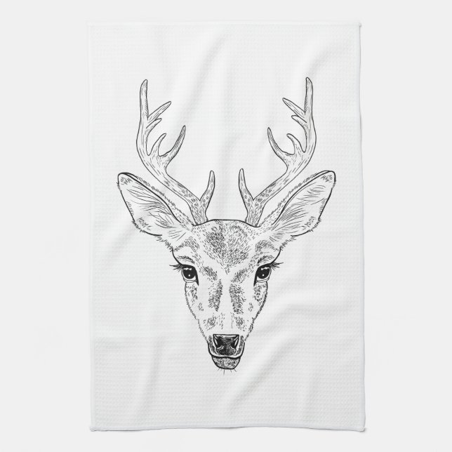 Deer Head - Simple Line Art Sketch Illustration Tea Towel (Vertical)