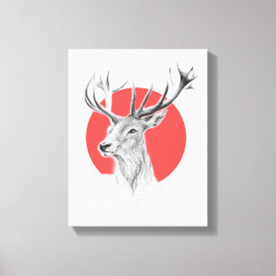 Deer head Stag drawing Red circle Animal art Canvas Print