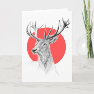 Deer head Stag drawing Red circle Animal art Card