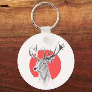 Deer head Stag drawing Red circle Animal art Key Ring