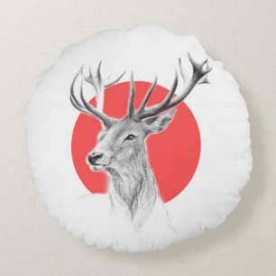 Deer head Stag drawing Red circle Animal art Round Cushion