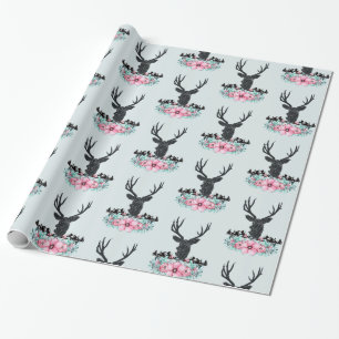 Deer Head w/ Flowers & Mountains Blue Grey back Wrapping Paper