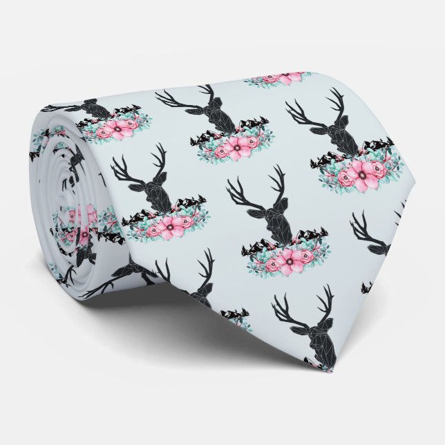 Deer Head w/ Flowers & Mountains Pattern Tie (Rolled)