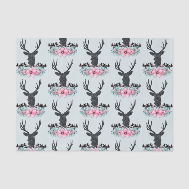 Deer Head w/ Flowers & Mountains Pattern Tissue Paper (Front)