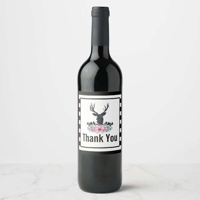 Deer Head w/ Flowers & Mountains Thank You Wine Label (Front)