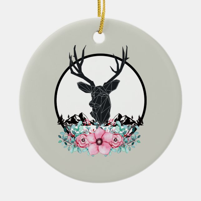 Deer Head w/ Flowers & Mountains Wedding Ceramic Tree Decoration (Front)