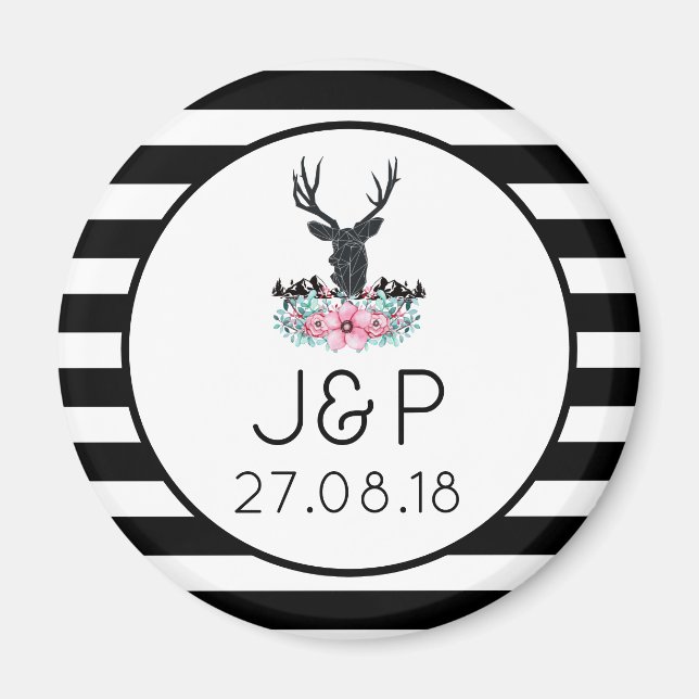 Deer Head w/ Flowers & Mountains Wedding Date Magnet (Front)