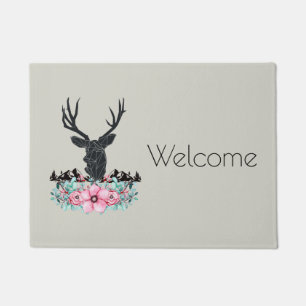 Deer Head w/ Flowers & Mountains Welcome Doormat