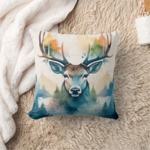 Deer head with antlers and forest trees cushion