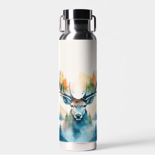 Deer head with antlers and forest trees water bottle