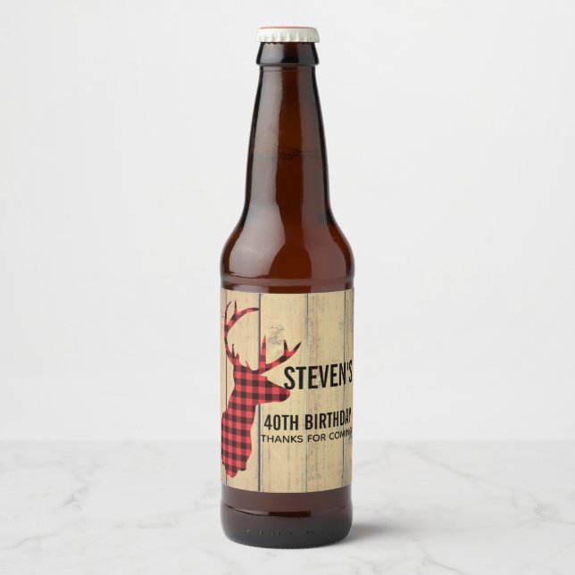 Deer Head with Antlers on Faux Wood Beer Bottle Label (Front)
