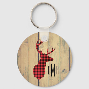 Deer Head with Antlers on Faux Wood Key Ring